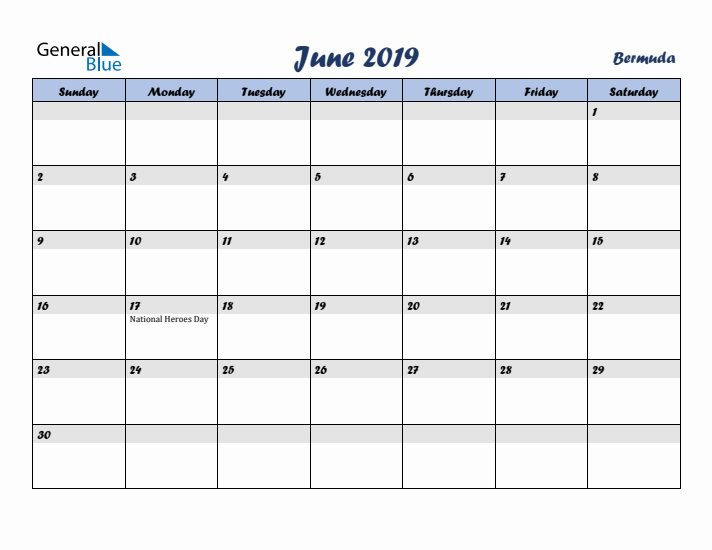 June 2019 Calendar with Holidays in Bermuda