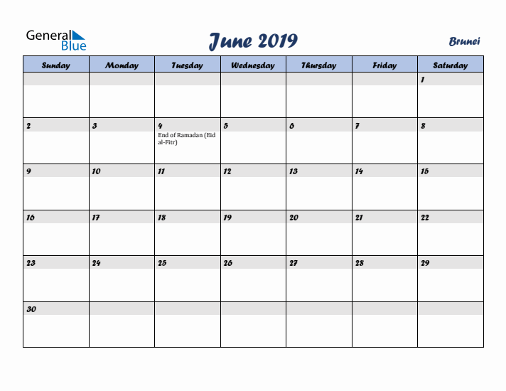 June 2019 Calendar with Holidays in Brunei