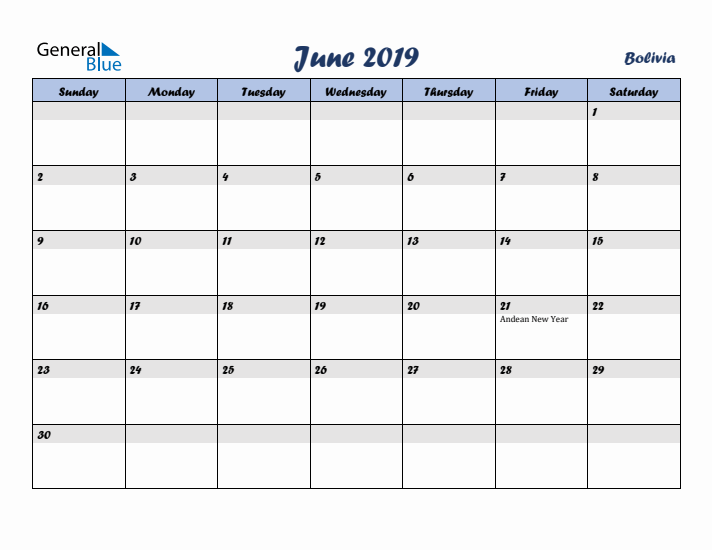 June 2019 Calendar with Holidays in Bolivia