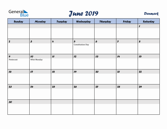 June 2019 Calendar with Holidays in Denmark