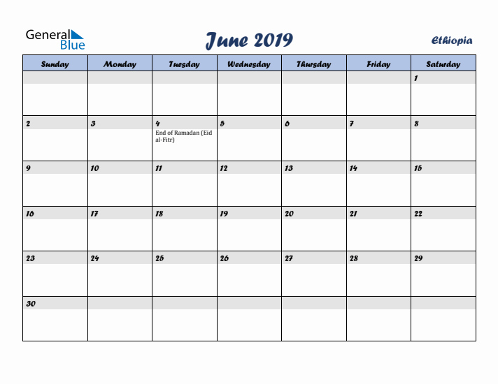 June 2019 Calendar with Holidays in Ethiopia