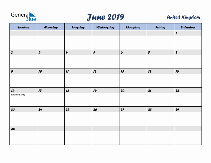 June 2019 Calendar with Holidays in United Kingdom