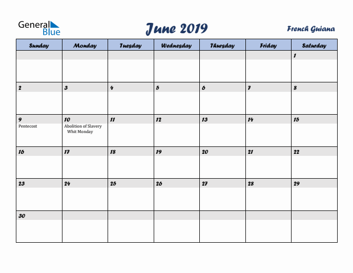 June 2019 Calendar with Holidays in French Guiana