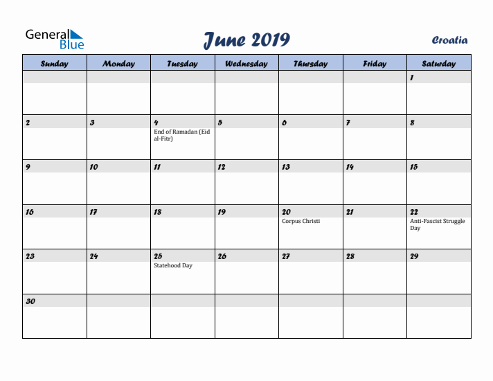 June 2019 Calendar with Holidays in Croatia