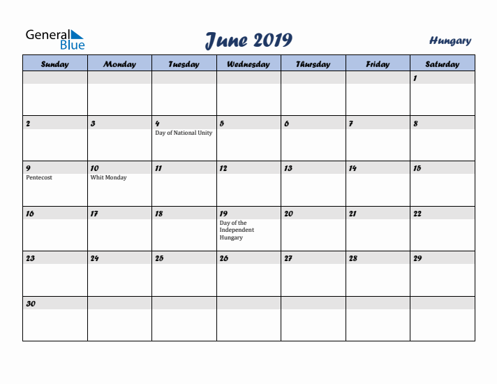 June 2019 Calendar with Holidays in Hungary