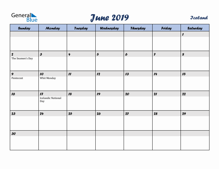 June 2019 Calendar with Holidays in Iceland