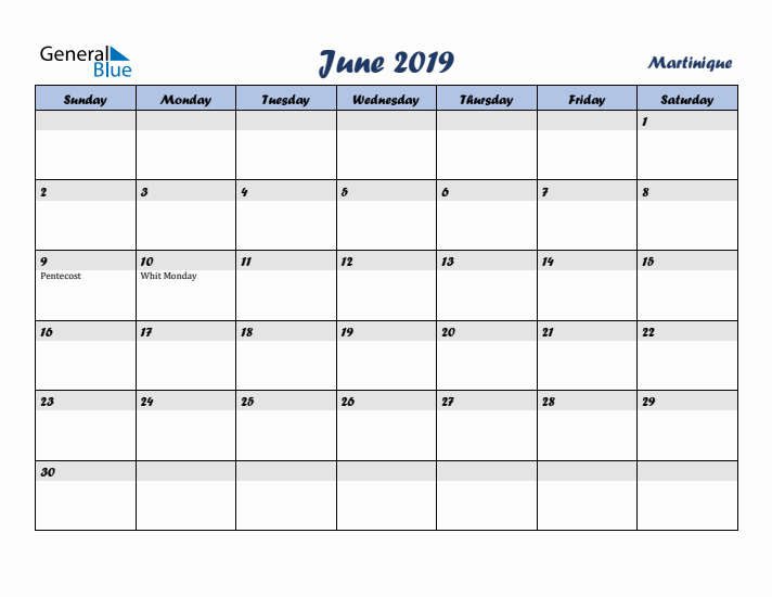 June 2019 Calendar with Holidays in Martinique