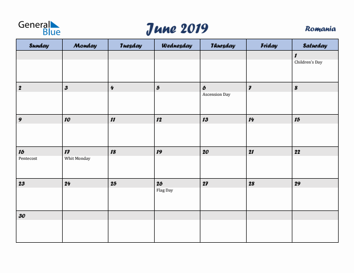 June 2019 Calendar with Holidays in Romania