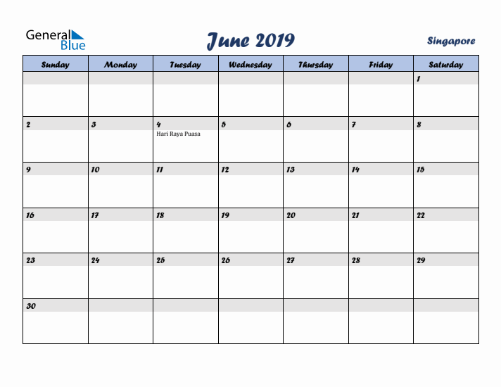 June 2019 Calendar with Holidays in Singapore