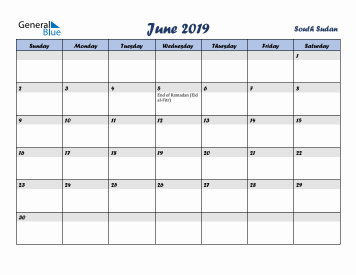 June 2019 Calendar with Holidays in South Sudan