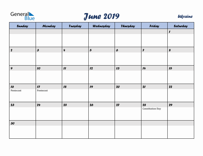 June 2019 Calendar with Holidays in Ukraine