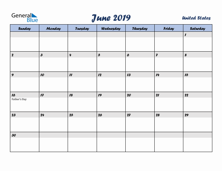 June 2019 Calendar with Holidays in United States