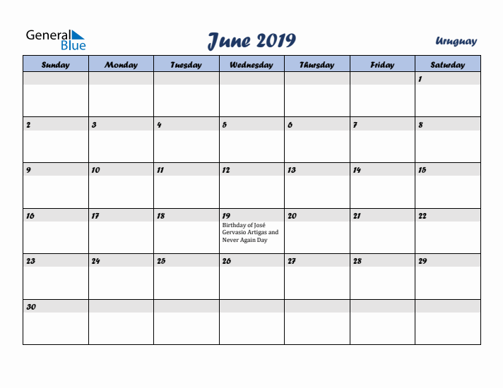 June 2019 Calendar with Holidays in Uruguay