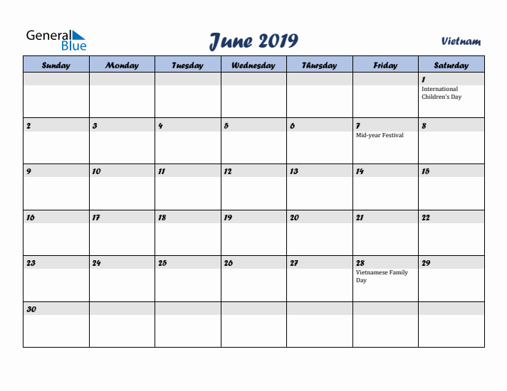 June 2019 Calendar with Holidays in Vietnam