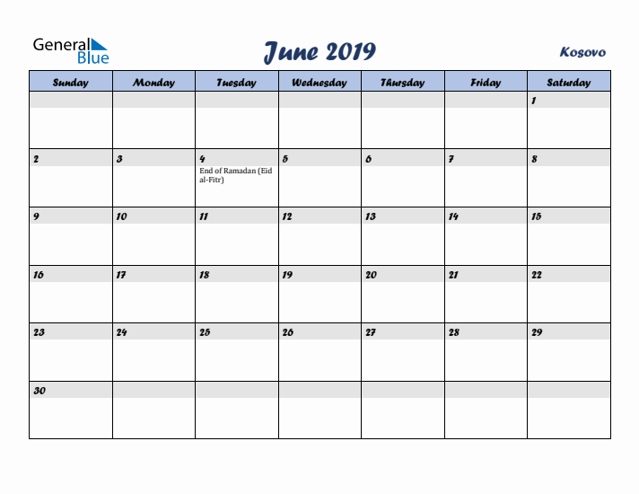 June 2019 Calendar with Holidays in Kosovo