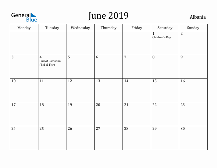 June 2019 Calendar Albania