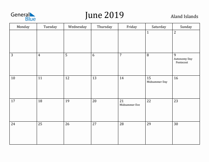 June 2019 Calendar Aland Islands