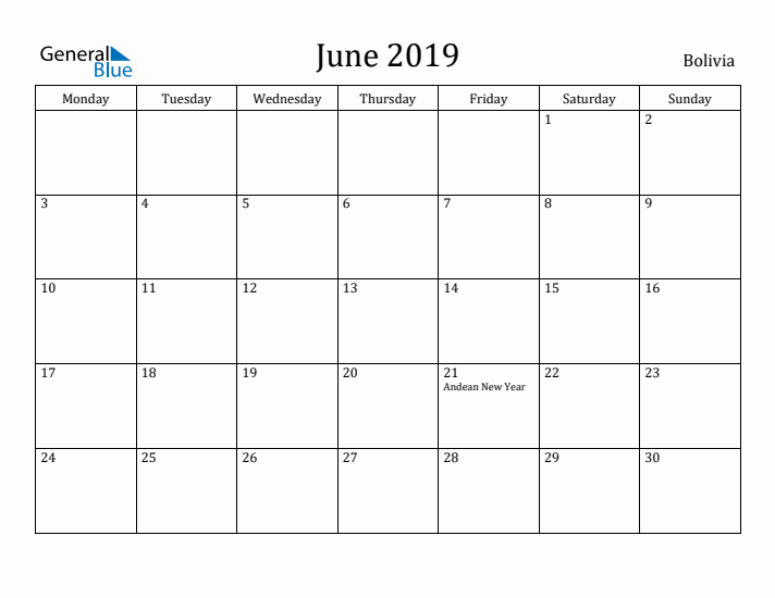 June 2019 Calendar Bolivia