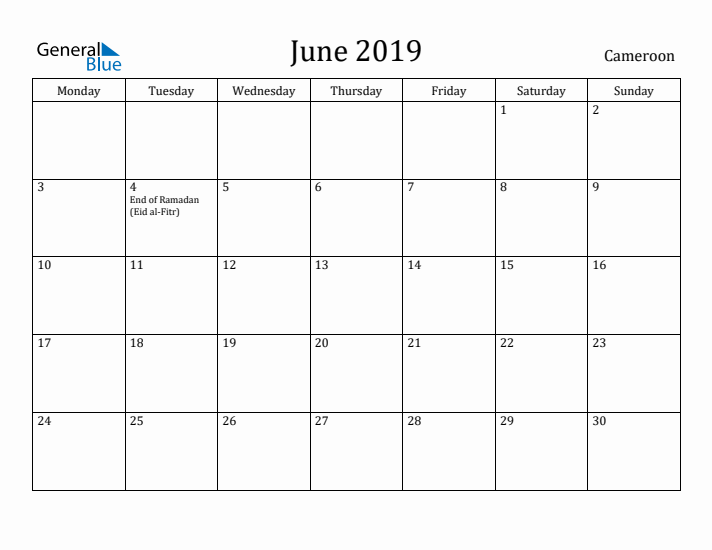 June 2019 Calendar Cameroon