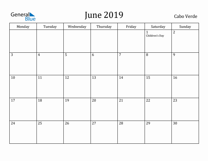 June 2019 Calendar Cabo Verde