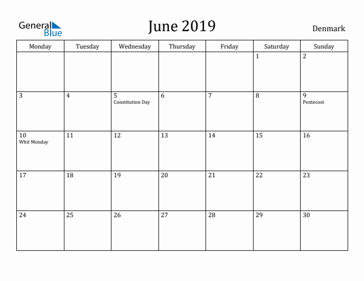 June 2019 Calendar Denmark