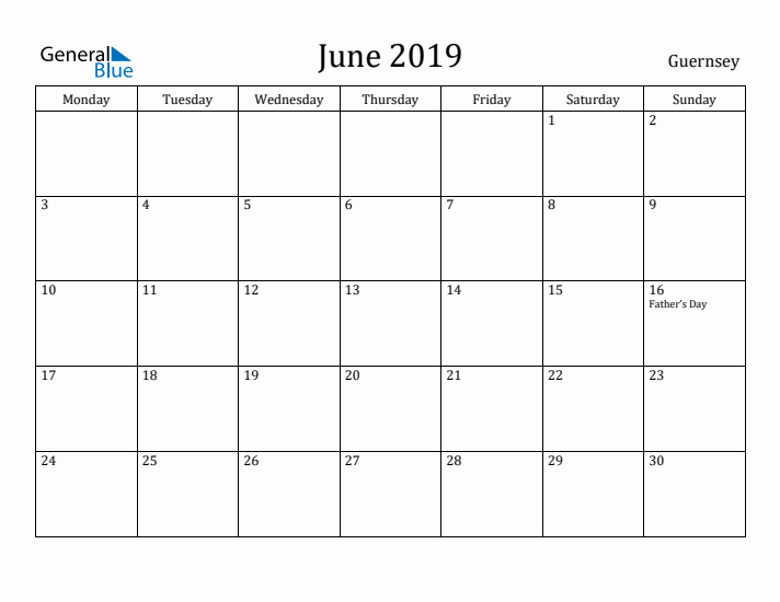 June 2019 Calendar Guernsey