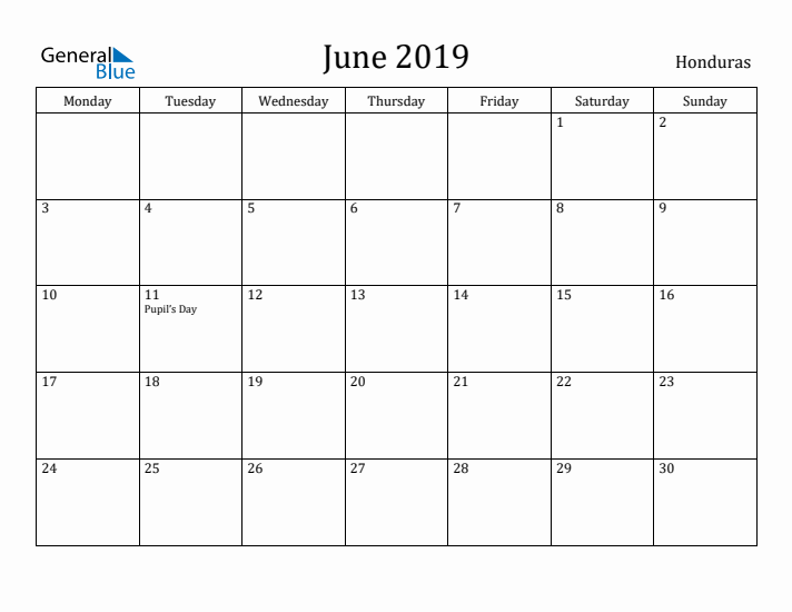 June 2019 Calendar Honduras