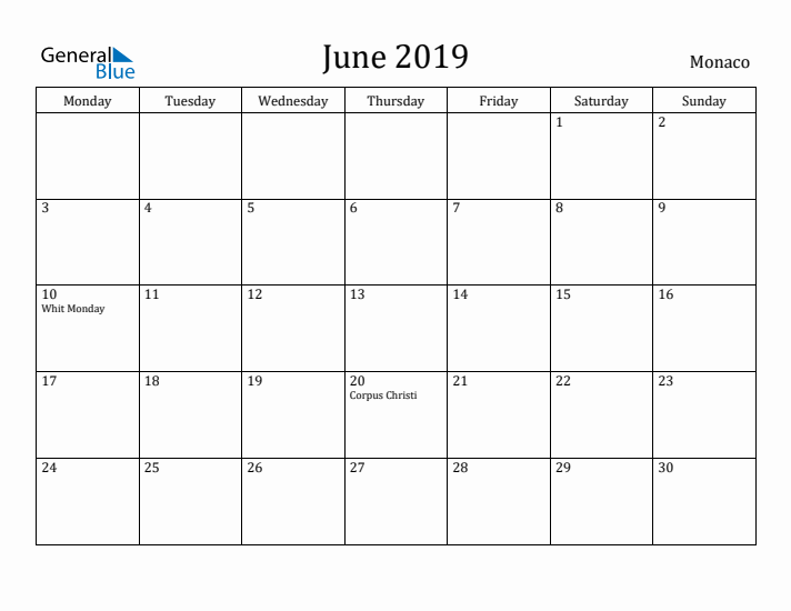 June 2019 Calendar Monaco