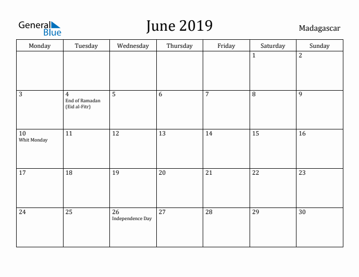 June 2019 Calendar Madagascar