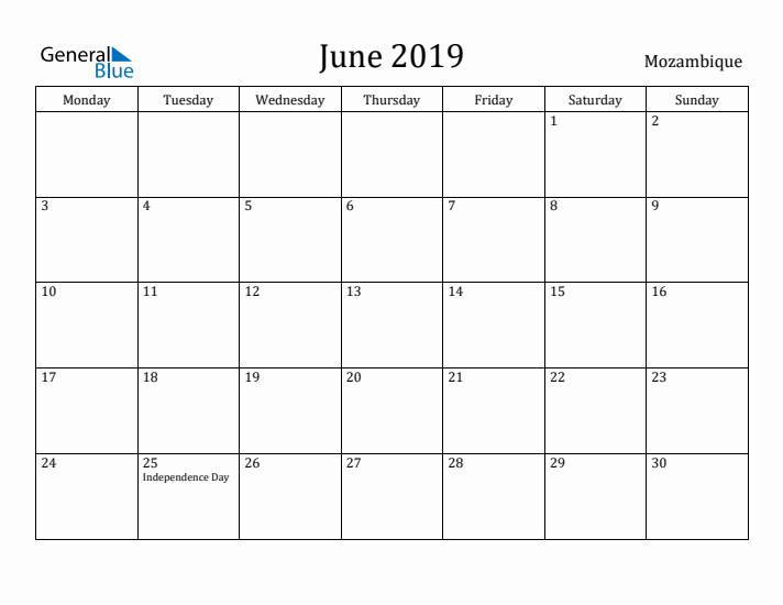 June 2019 Calendar Mozambique