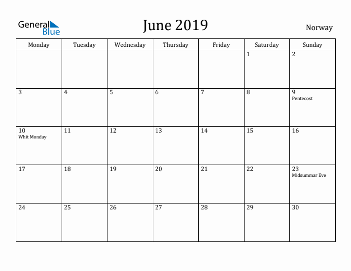 June 2019 Calendar Norway