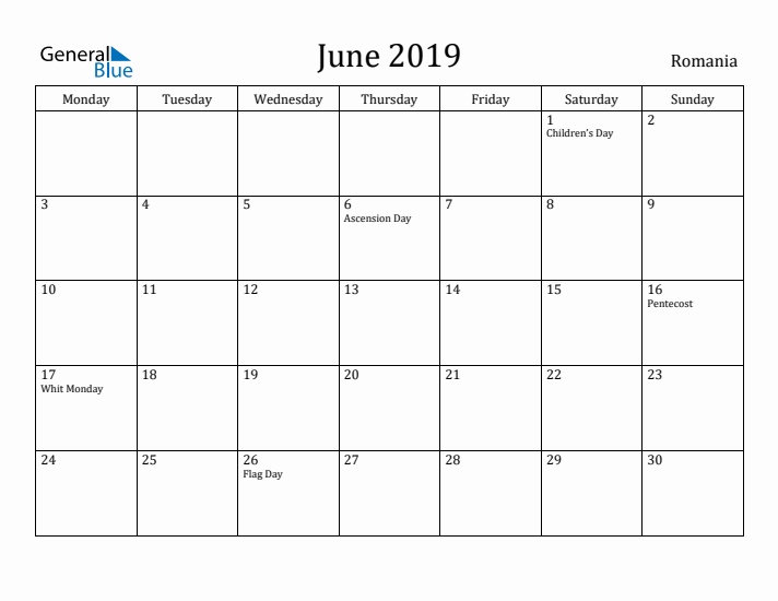 June 2019 Calendar Romania