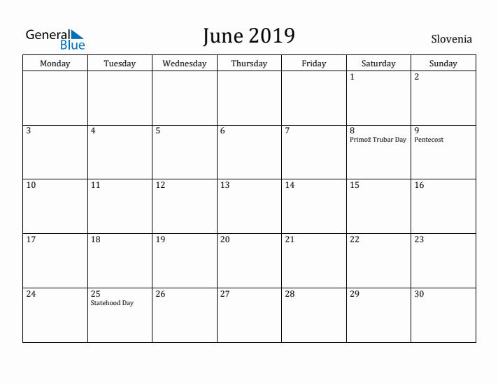 June 2019 Calendar Slovenia