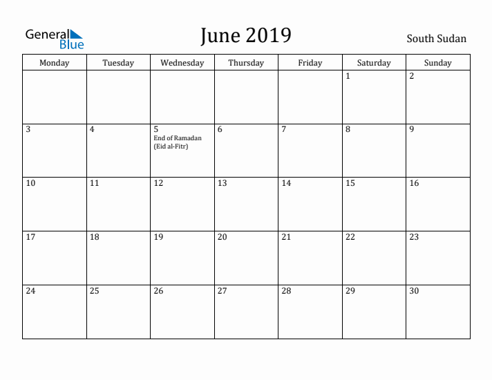 June 2019 Calendar South Sudan