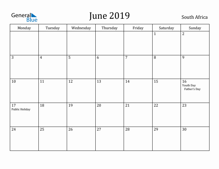 June 2019 Calendar South Africa