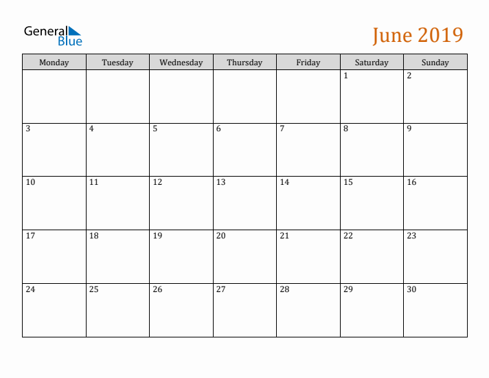 Editable June 2019 Calendar