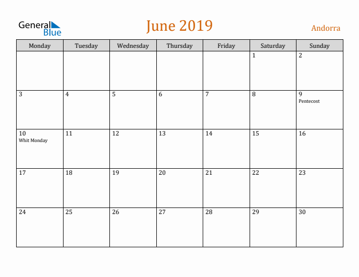 June 2019 Holiday Calendar with Monday Start