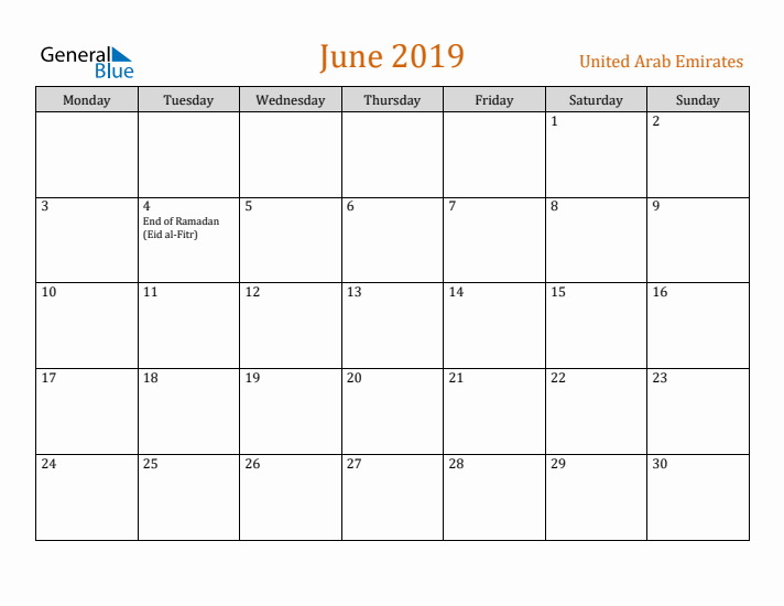 June 2019 Holiday Calendar with Monday Start