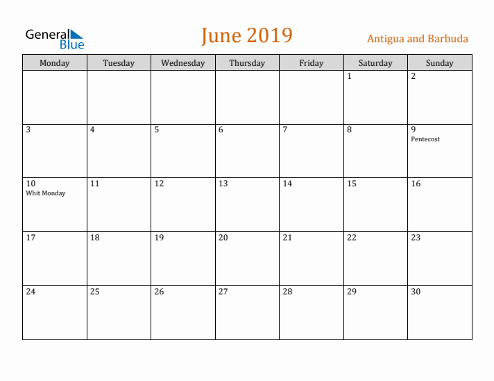 June 2019 Holiday Calendar with Monday Start