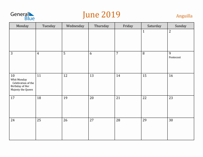 June 2019 Holiday Calendar with Monday Start