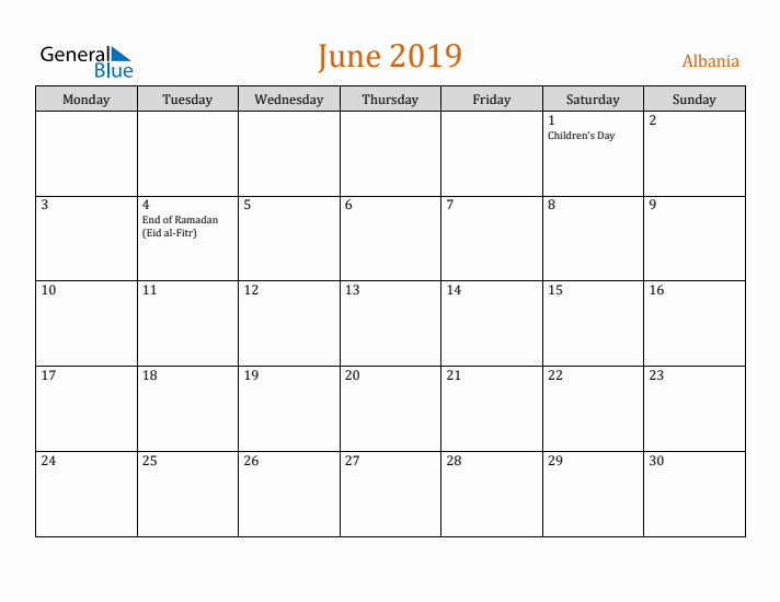 June 2019 Holiday Calendar with Monday Start