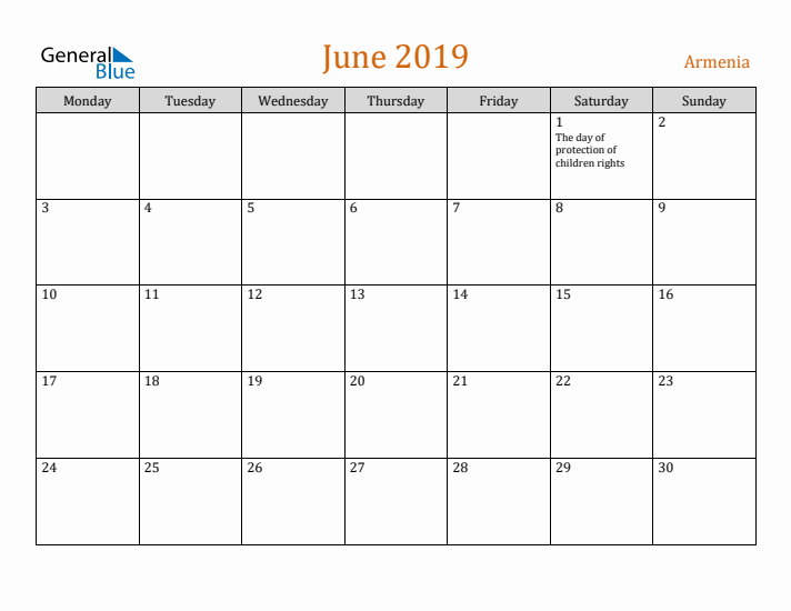 June 2019 Holiday Calendar with Monday Start