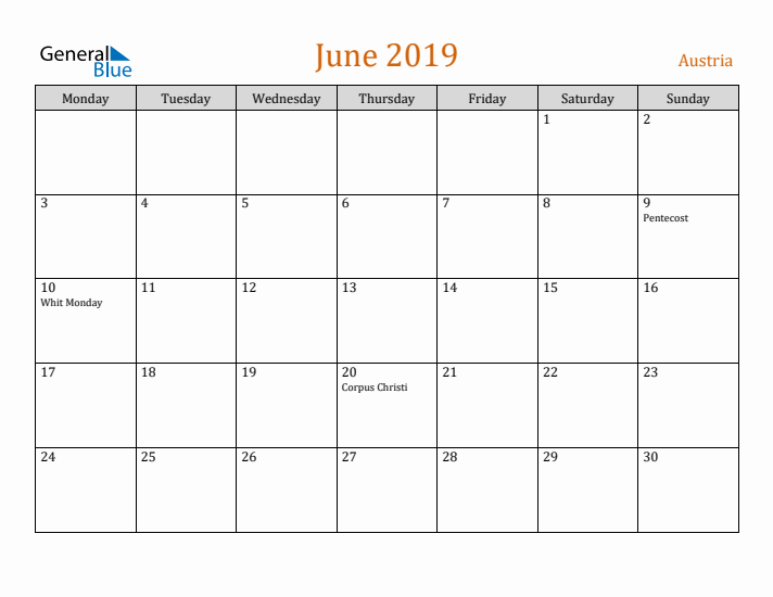 June 2019 Holiday Calendar with Monday Start