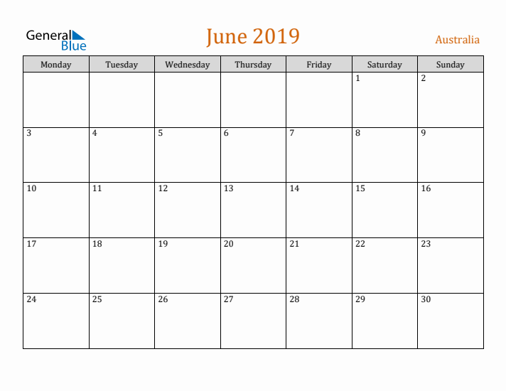 June 2019 Holiday Calendar with Monday Start