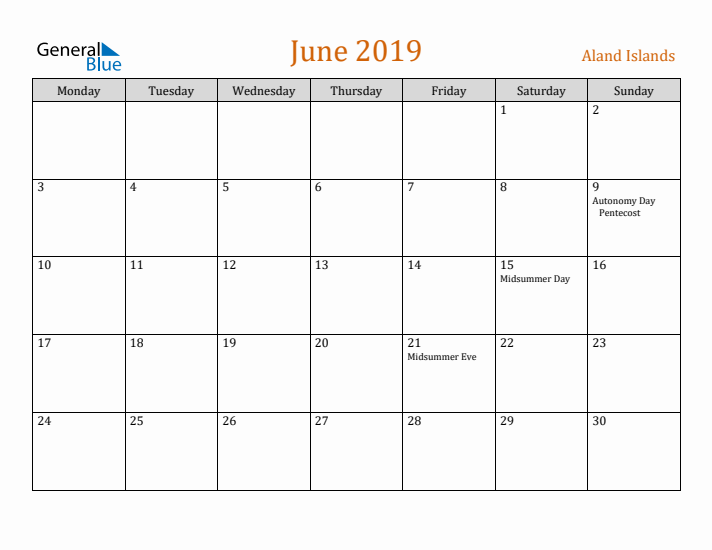 June 2019 Holiday Calendar with Monday Start