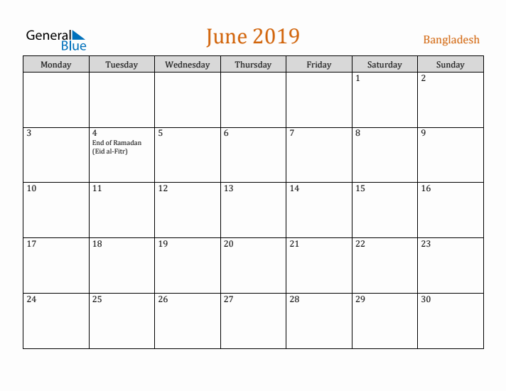 June 2019 Holiday Calendar with Monday Start