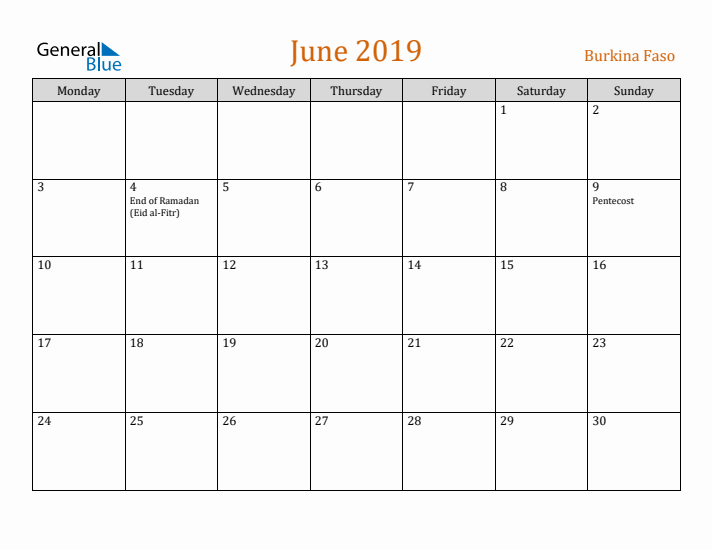 June 2019 Holiday Calendar with Monday Start