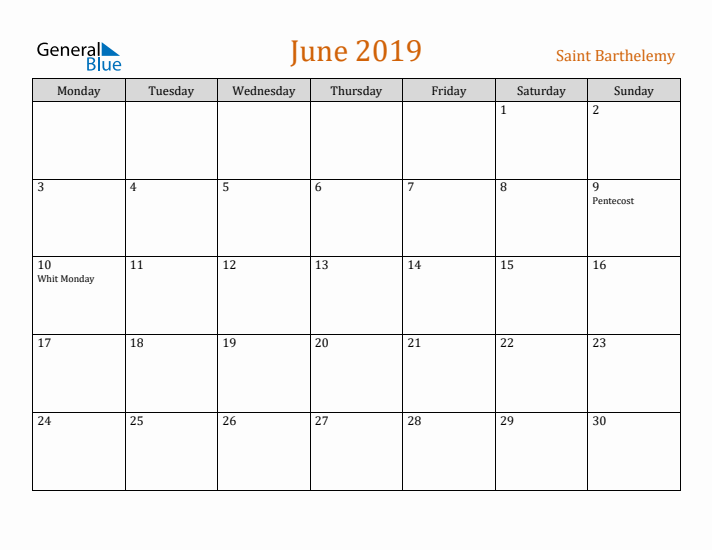 June 2019 Holiday Calendar with Monday Start