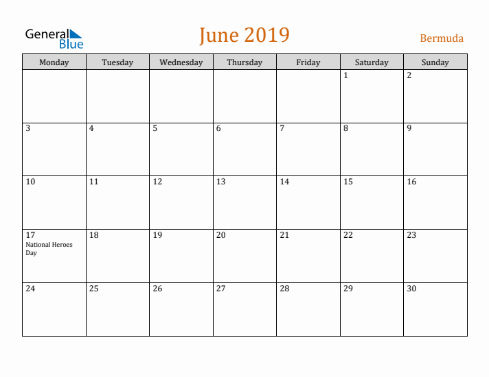 June 2019 Holiday Calendar with Monday Start