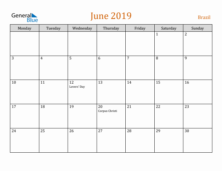 June 2019 Holiday Calendar with Monday Start